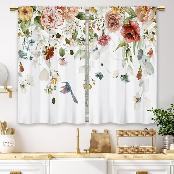 Watercolor Red Floral Kitchen Curtains Flower Plant Small Short Cafe Window Curtains Rustic Colorful Wildflower Hummingbird Blossom Spring Rod Pocket Tier Window Treatment Drapes (26x36 Inch)