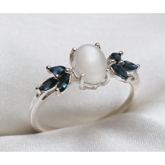 Elegant White Moonstone Ring - Oval Moonstone With Londan Blue Topaz Ring - Anniversary Gift - 925 Sterling Silver Ring