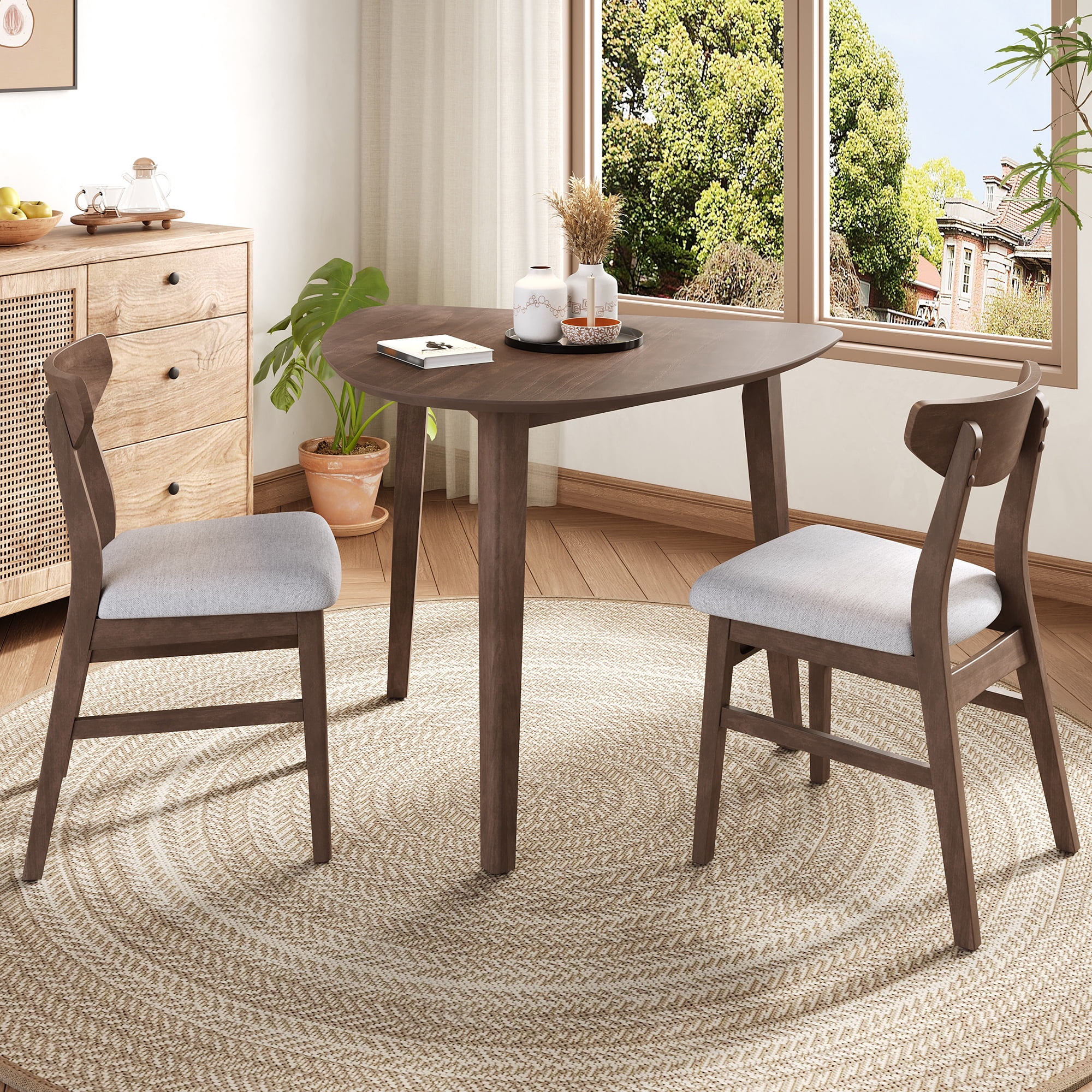 GARITIN 3-Piece Modern Table Set, Triangular Side Table & 2 Curved Wood Chairs, Minimalist Space-Saving Dining Set for Living Room Kitchen Small Space, Brown