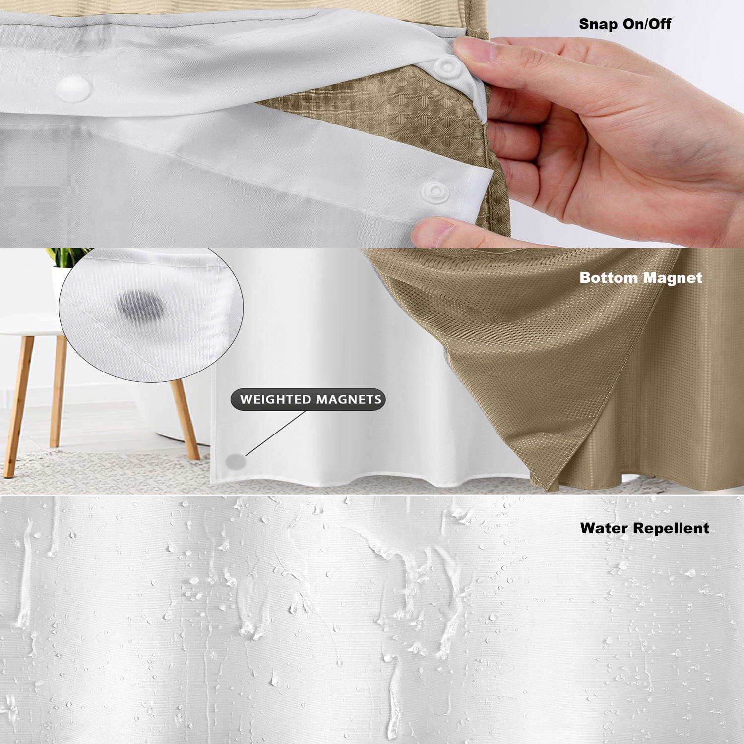 Waffle Weave Shower Curtain with Snap in Fabric Liner, No Hook Shower Curtain with Snap-in Liner, DawnJoanHD Beige Heavyweight Fabric Shower Curtain with See Through Top Window, 72"X75"