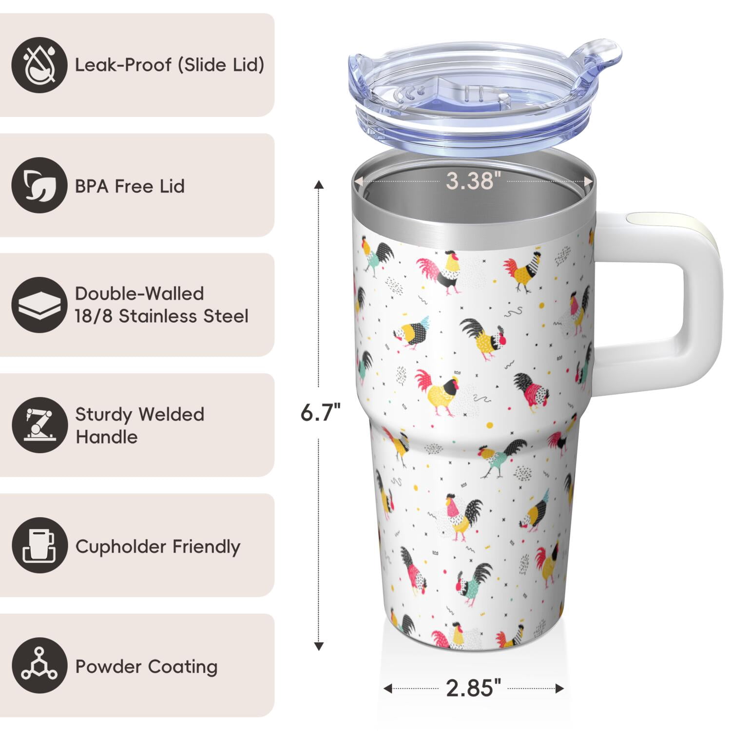 20oz Chicken Pattern Tumbler with Handle Charming Birthday Christmas Gift for Chicken Lovers Women Men Insulated Travel Mug Fits Car Cup Holders Comfortable Grip Easy to Carry Errands Trips