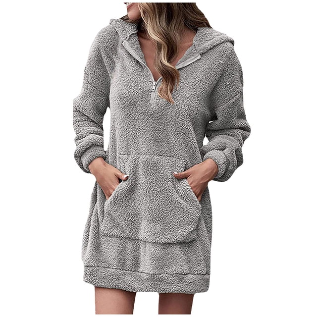 Liquidation! Robes pour Femmes 2024 Invitée de Mariage, Robe à Capuche Décontractée pour Femmes à Manches Longues avec Poche, Chandail à Capuchon, Robe Chandail en Molleton, Robe Unie Gris TG