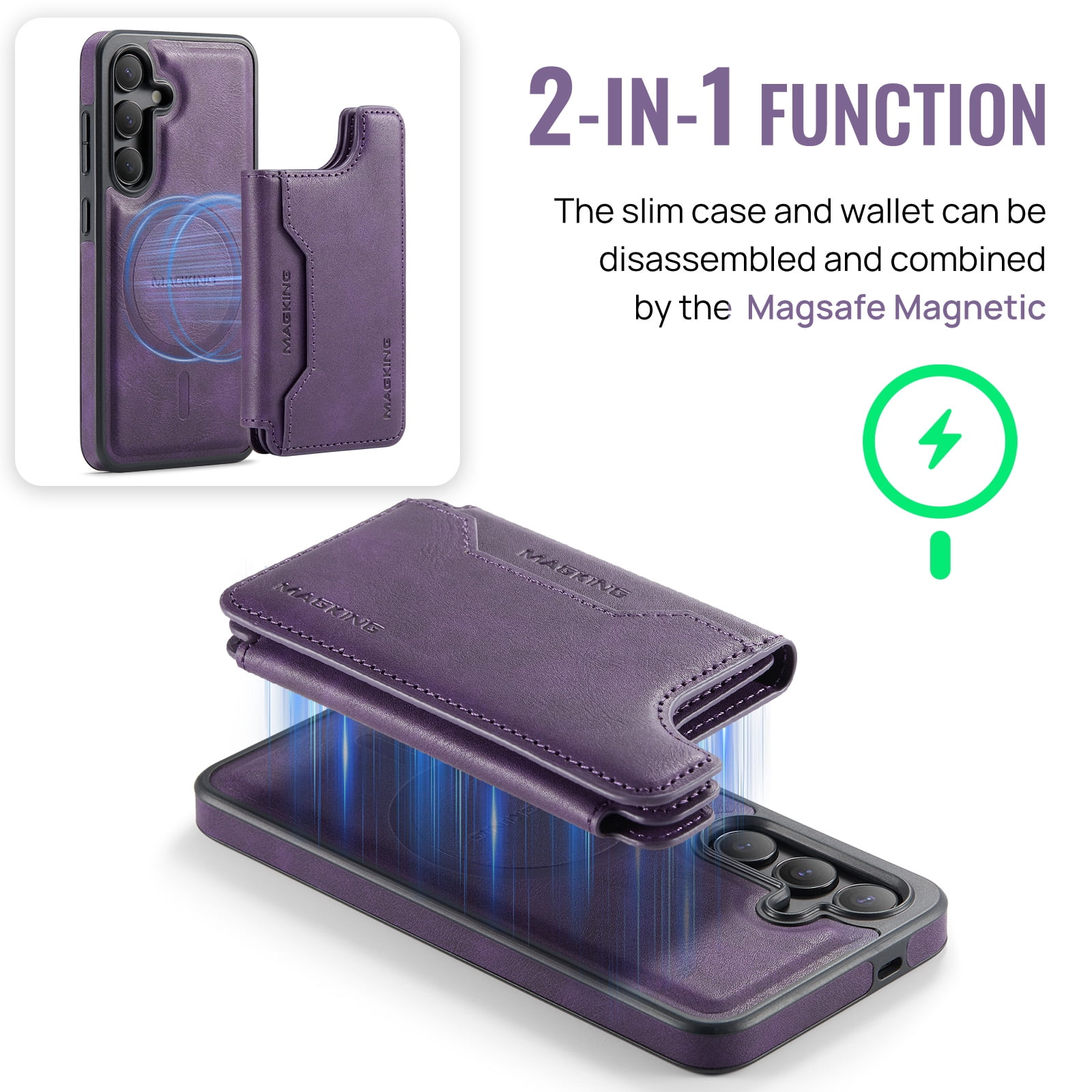 Designed for Samsung Galaxy S25+ Wallet Phone Case,Magnetic Detachable Flip Card Holder,Back Flip Kickstand,Compatible with Mag-Safe,2-in-1 PU Leather Heavy Duty Shockproof Phone Case,Purple