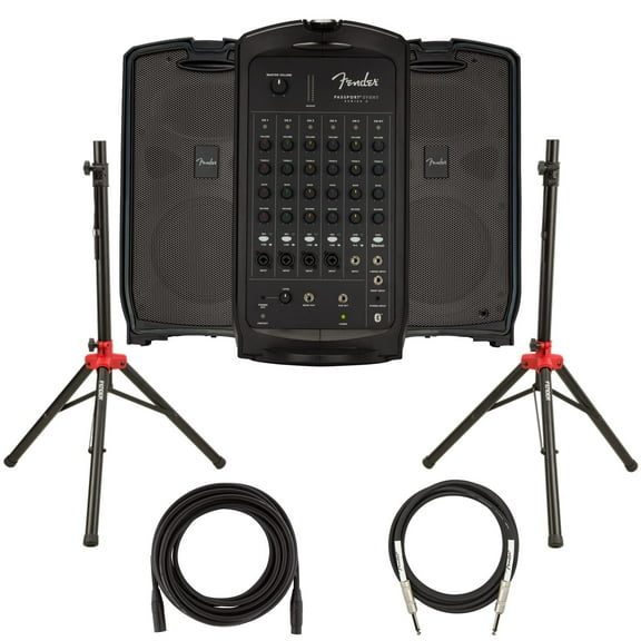 Fender Passport Event S2 Portable PA System Bundle with Compact Speaker Stands, XLR Cable, and Instrument Cable