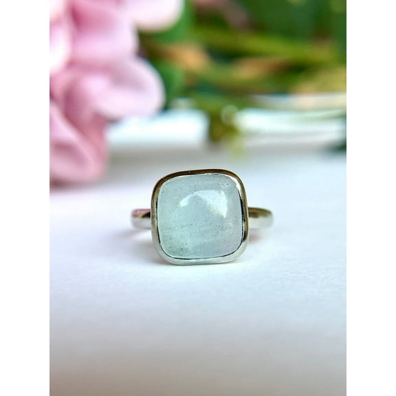 Natural Aquamarine Cabochon Solid 925 Sterling Silver Ring Size 6.25