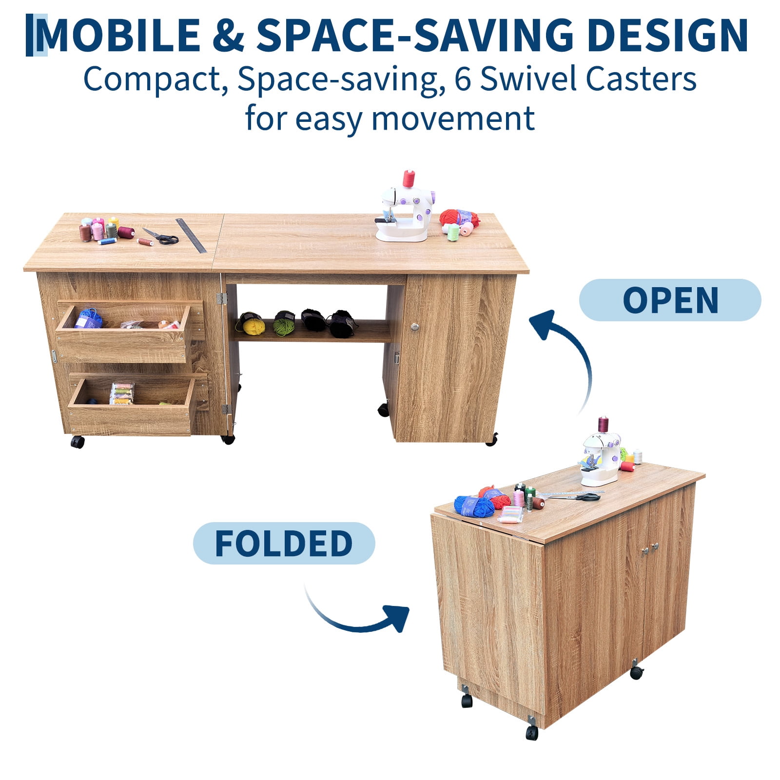Gaderth Folding Sewing Table, Multipurpose Portable Craft Station & Side Desk with Caster Wheels, Storage Shelves, 2 Storage Trays, Magnetic Doors