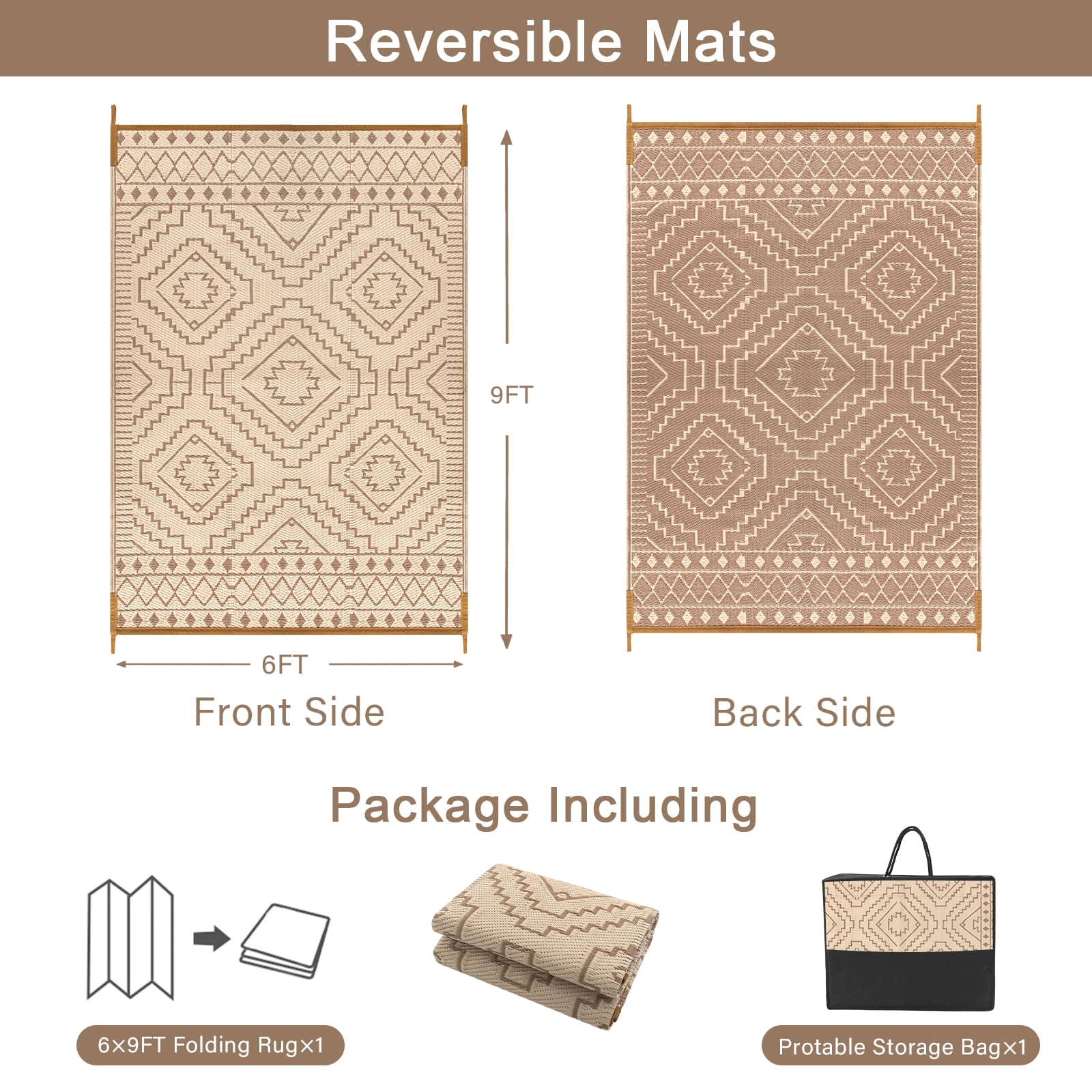 Lahome Portable Indoor/Outdoor Rug 6x9 - Waterproof & Reversible Plastic Straw Mat for Patio, Deck, Balcony, Backyard, Picnic, Beige & Brown