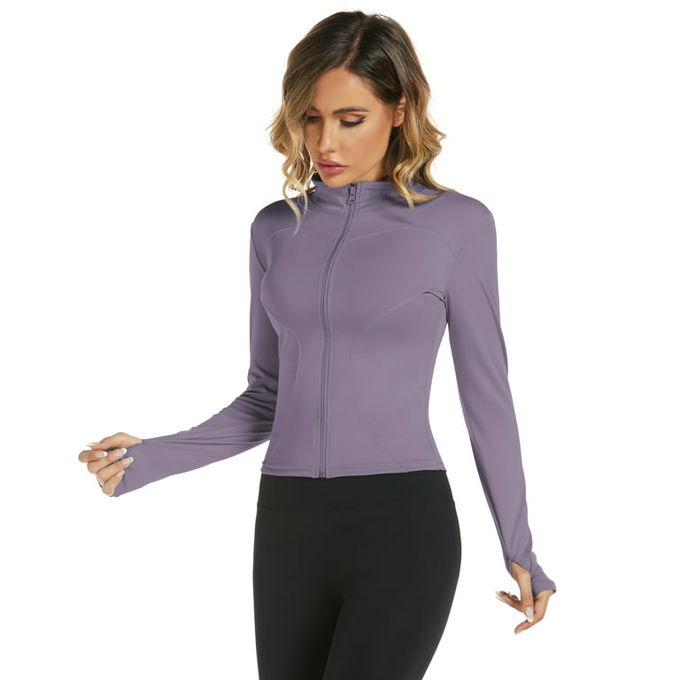 Bkul Women's Workout Jacket Yoga Running Slim Fit Stretchy Full Zip Athletic  Jackets Cropped Top with Thumb Holes Purple XL 