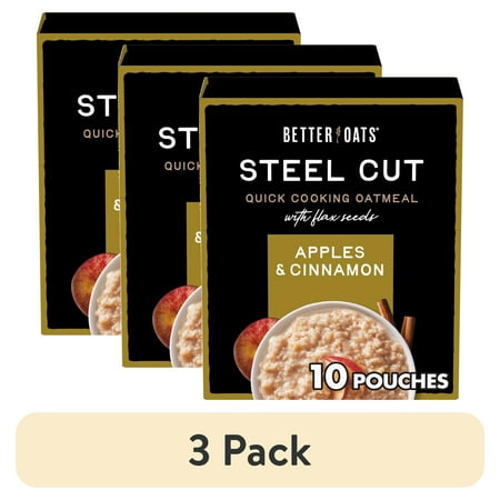 (3 pack) Better Oats Steel Cut Oatmeal, Apples and Cinnamon Oatmeal, Hearty, 10 Steel Cut Oatmeal Packets, 12.3 oz Pack