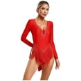 thumbnail image 2 of Yruioon Women Latin Dance Shiny Rhinestones Fringe Leotard Long Sleeve Backless Bodysuit Red M, 2 of 6