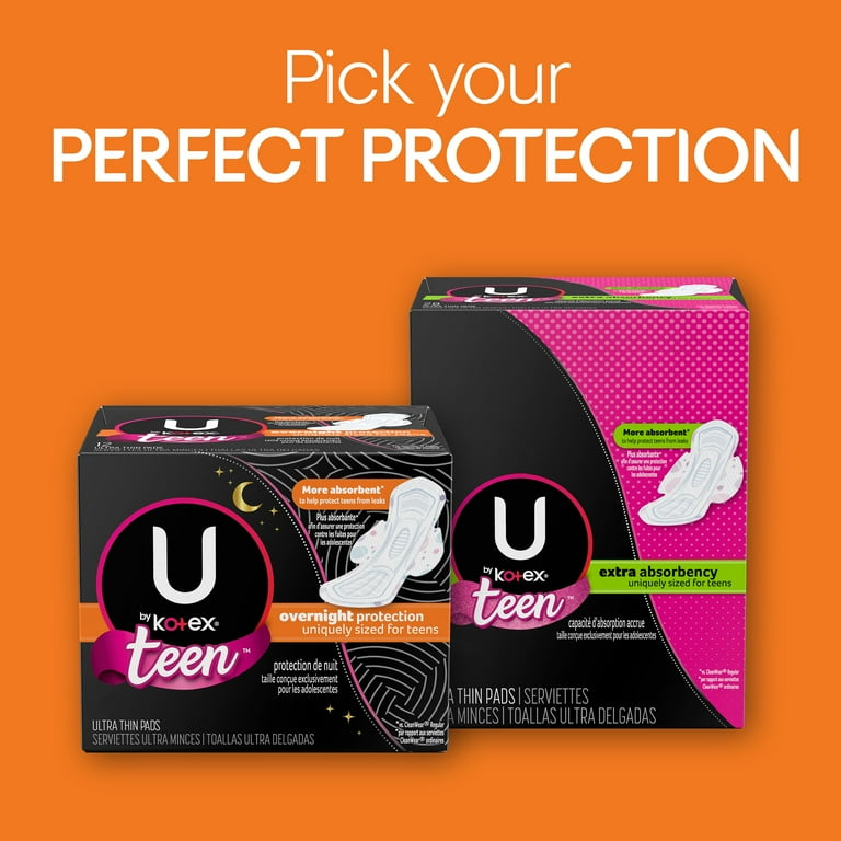 U by Kotex Teen Ultra Thin Feminine Pads with Wings, Overnight, Unscented,  12 Count 