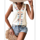 thumbnail image 3 of Camiseta Sin Mangas Informal con Cuello en V, Bordada y Estampado Gráfico para Mujer, Estilo Bohemio, con Dobladillo con Borlas. Albaricoque M, 3 of 8