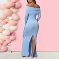 thumbnail image 6 of Women's Maternity Off Shoulder Dresses Back Split Long Sleeve Pregnancy Photography Dress for Baby Shower Party Blue XL, 6 of 8