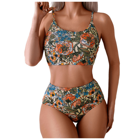 FULORRNIE Women s High Waisted Retro Bikini Set Tropical Print Swimwear Tummy Control Bathing Suit  Yellow  L