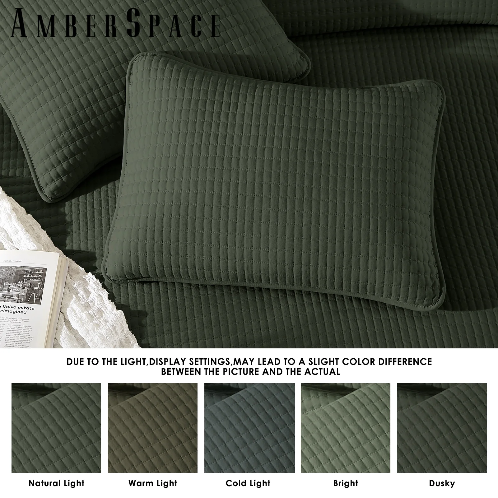 Amberspace Lightweight 3-Piece Bed in a Bag Quilt Set with Pillow Shams,Dark Green,Queen