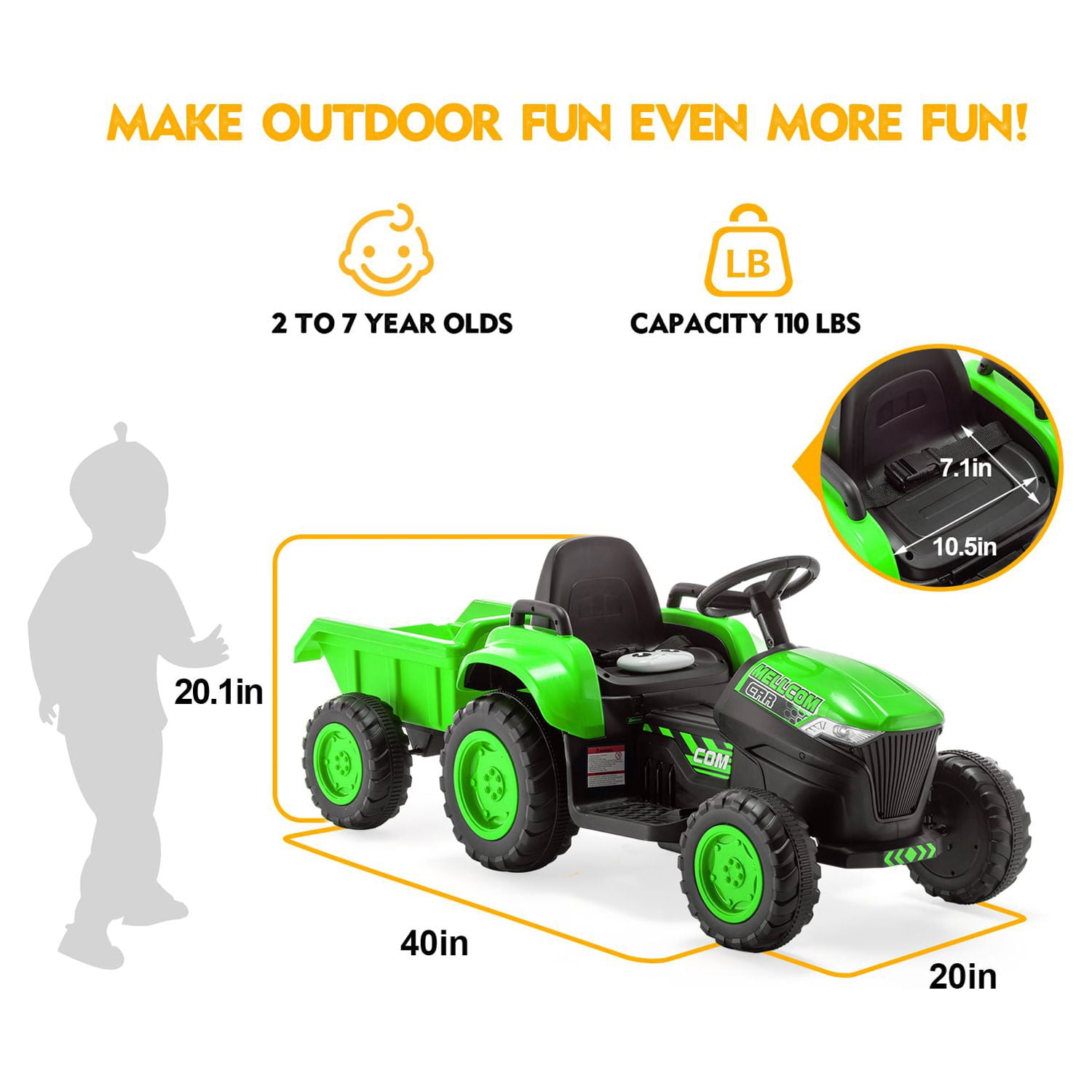 HOMMOW Kids Ride on Tractor with Remote Control, 12V Battery Powered Electric Tractor with 30W Dual Motors/Cool Lights/Bluetooth Music for Kids, Green