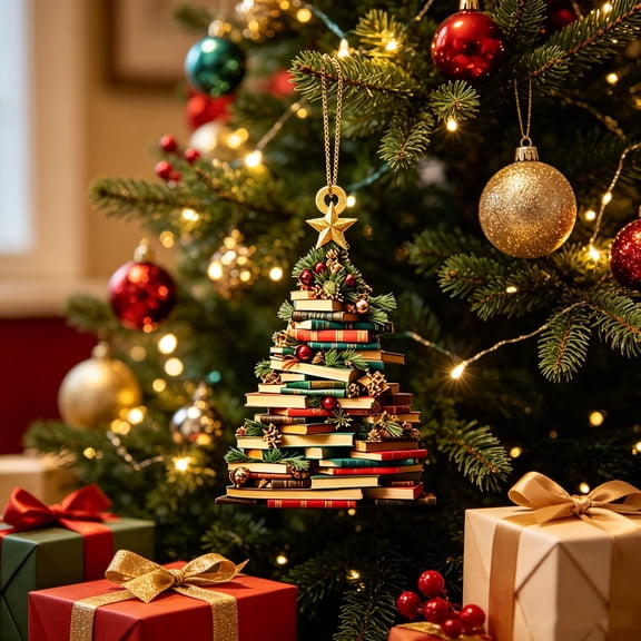 3.15 Inch Book Stack Christmas Tree Ornament, Hanging Pendant for Car Rearview Mirror, Xmas Tree Home Holiday Decor, Novelty Gift for Book Lovers and Reading Enthusiasts