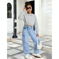 thumbnail image 2 of OYYN Girls Jeans High Waist Cargo Jeans Light Wash Wide Leg Denim Pants with Multi Pockets 7-14 Y, 2 of 6