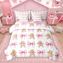 Homewish Kawaii Gingerbread Man Bedding Comforter Set 7 Pieces, Princess Watercolor Bow-tie Full Bedding Set, Teens Kids Girls Reversible Fitted Sheet Flat Sheet, Ultra Soft Bedroom Decor
