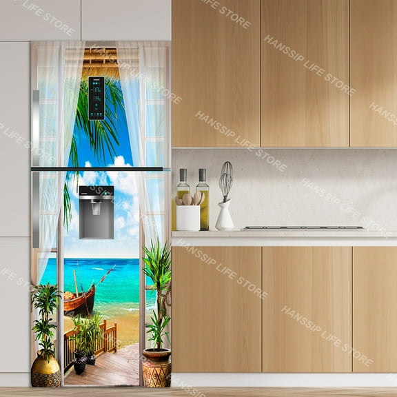 Summer Beach Fridge Mural 3D Refrigerator Stickers Waterproof Vinyl Sea View Wallpaper for Kitchen F