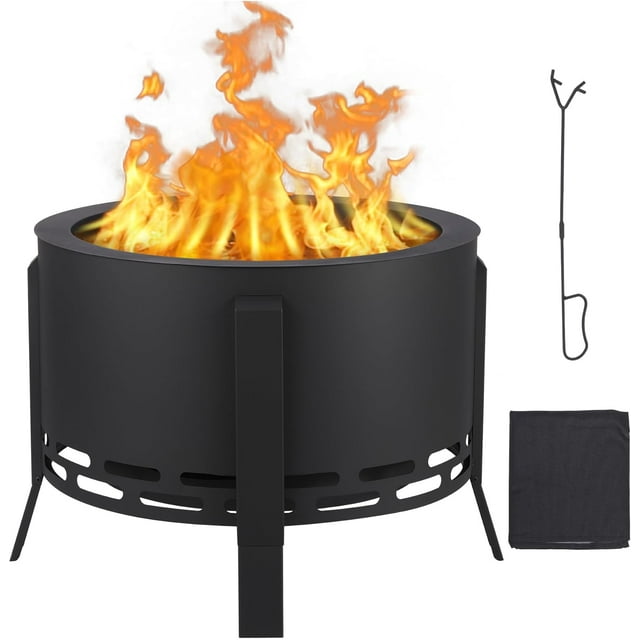 Ourlova Foyer au Bois Sans Fumée de 26 Pouces, avec Base pour Plateau à Cendres, Tisonnier et Pied Réglables, Foyer Extérieur avec Sac à Poussière pour BBQ