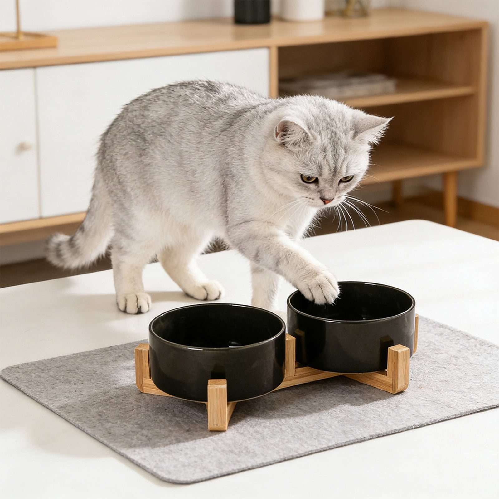 Kuroiy Double Bowl Raised Ceramic Cat Dog Food Water Bowl, Wide Shallow Design, Elevated for Protection, Non-Slip, 550ml Each, Pink, Yellow, Black, White, Easy Clean, Stable