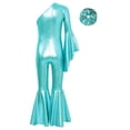 thumbnail image 4 of YONGHS Girls Shiny Metallic One Shoulder Flare Sleeve Wide Leg Bell Bottom Gymnastics Jumpsuit Blue Green-A 14, 4 of 7