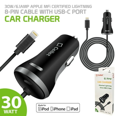 Cellet 30 Watt / 6.1 Amp Apple MFi Certified Lightning Cable with Extra USB-C Port Car Charger compatible with iPhone 14/13/12/11/X/8/7/6/5 Series,   iPad/Airpods/iPod Series