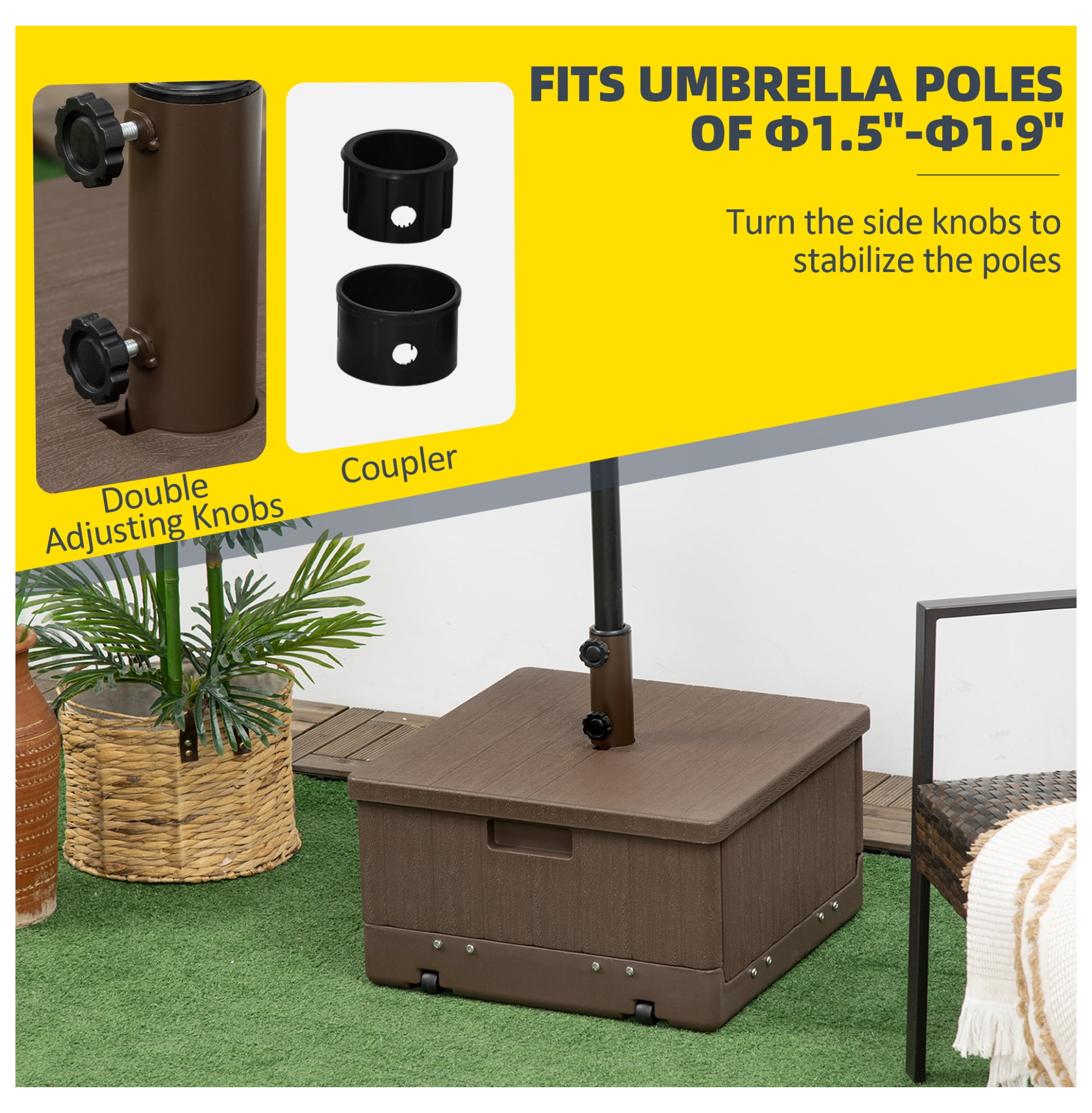3-in-1 Outdoor Umbrella Base, Coffee End Table, Flower Box Planter, 175lbs Capacity Patio Umbrella Stand Table with Wheels and Handles, Brown