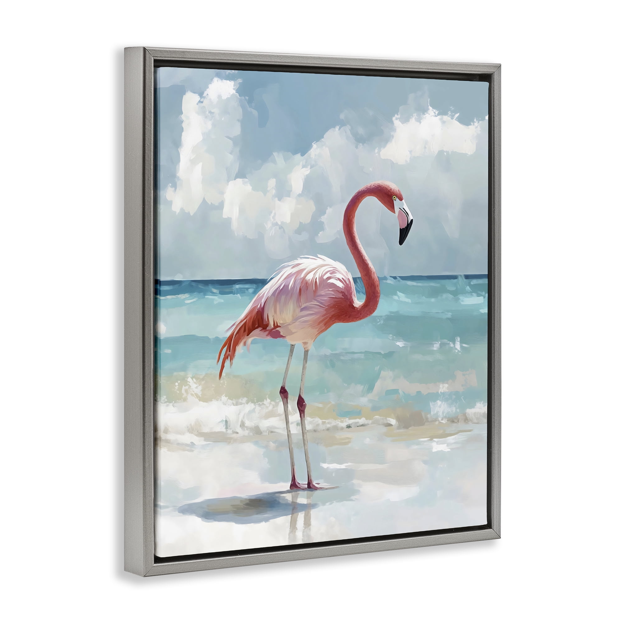 Stupell Industries Flamingo At Shore Gray Framed Floater Canvas Wall Art, design by The Prints Vibe
