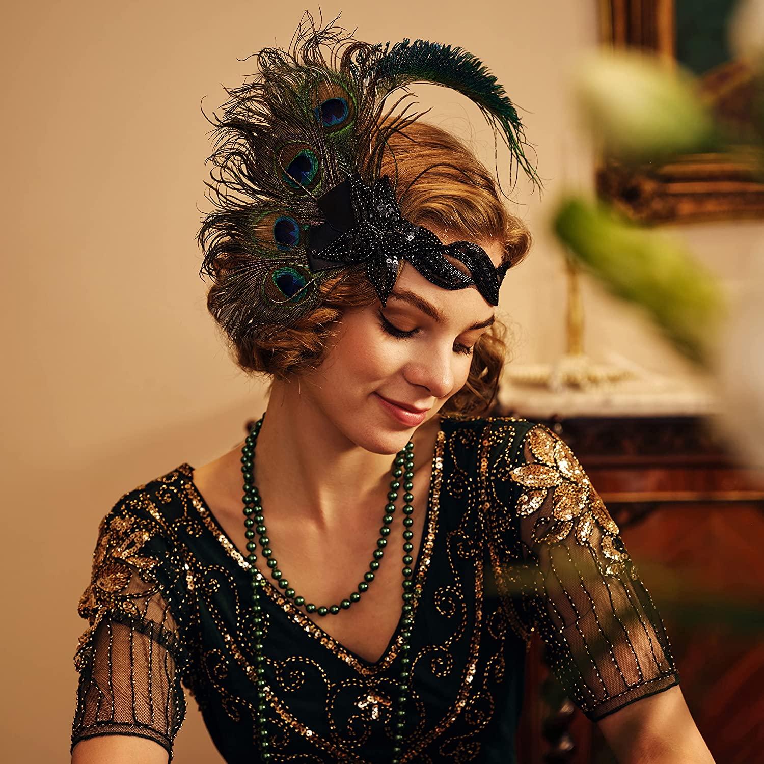 1920s Flapper Headband Peacock Feather 