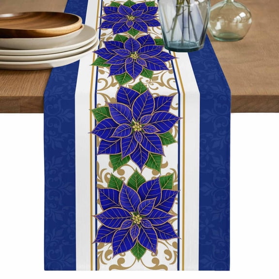 Blue Poinsettia Christmas Table Runner 72 Inches, Xmas Botanical Vintage Floral Bed Runner Dresser Scarves Tabletop for Indoor Outdoor Parties/Ceremony/Banquet, 14" x 72"