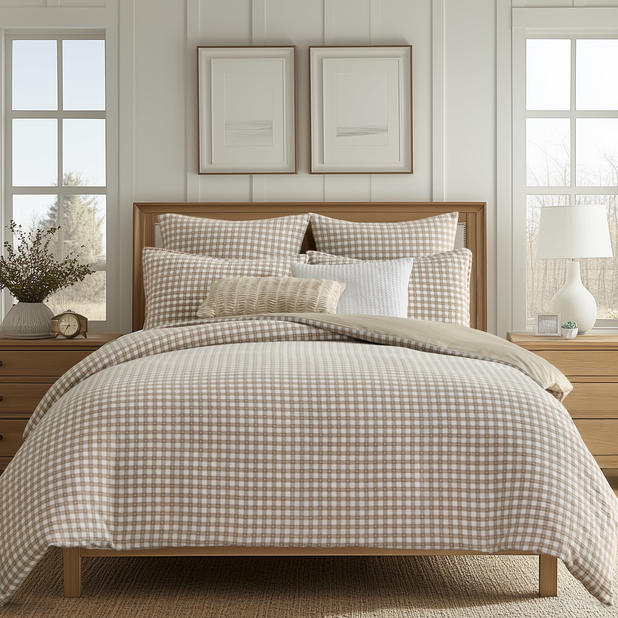 Levtex Home - Camden Gingham Stitch Taupe Duvet Cover Set - Full/Queen Duvet (90x94in) and 2 Standard Shams (20x26in) - Textured Gingham - Taupe and Cream - Button Closure - Cotton