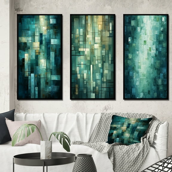 Designart "Fading Dreams Retro Abstract in Teal II" Abstract Painting Framed Wall Art Set Of 3 - Gold Modern Frame Canvas Set For Living Room Decor