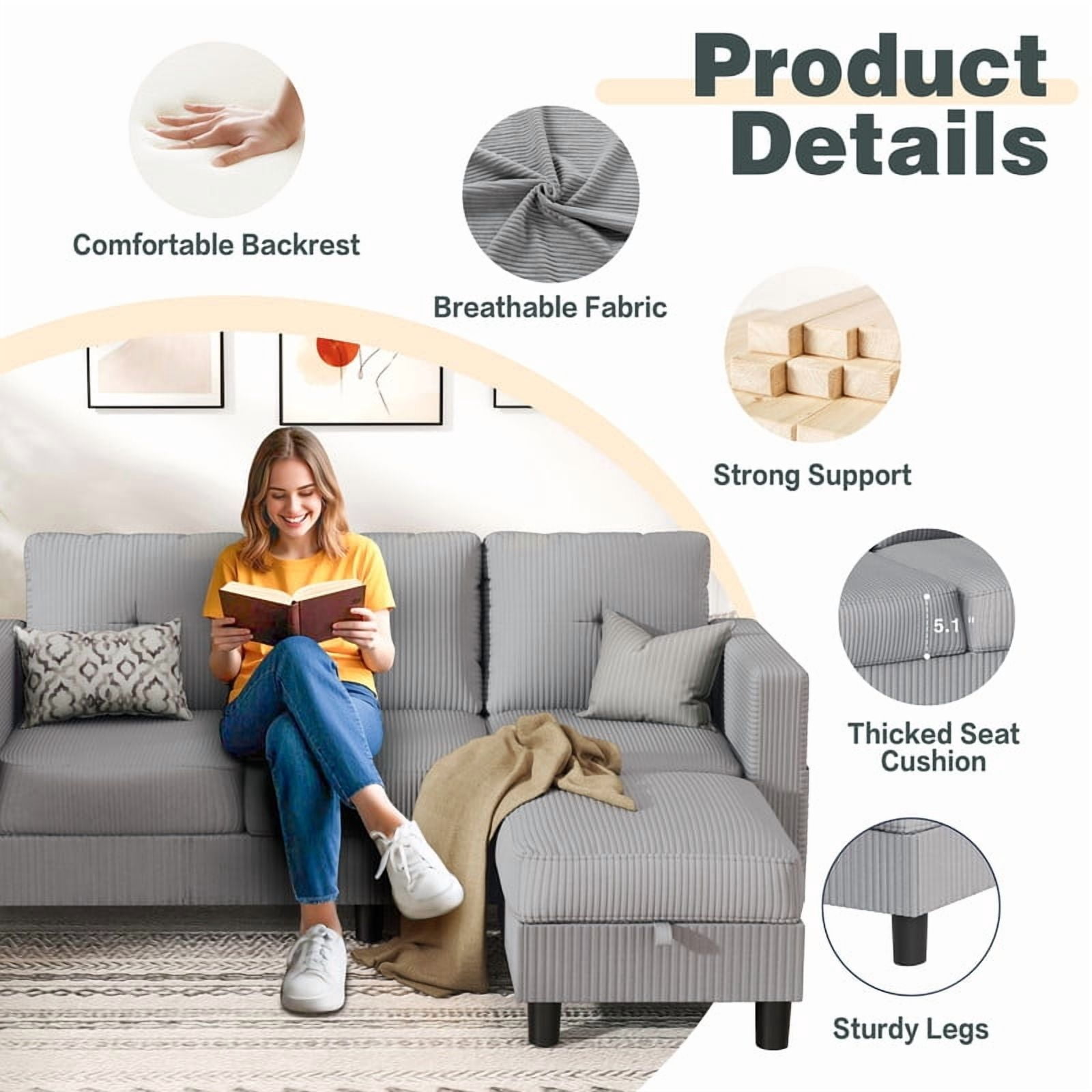 Walsunny Convertible Sectional Sofa Couch, Modern Linen Fabric L-Shaped Couch 3-Seat Sofa Sectional with Reversible Chaise for Small Living Room, Apartment and Small Space,Light Gray
