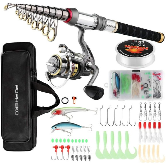 Rod and Reel Combo Full Kit - Telescopic Pole Set with Spinning Reel, Line, Lures, Hooks, Carrier Bag for Saltwater Freshwater Fishing - Gear for Kids, Adults, Professional