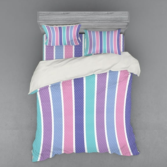 Ambesonne Abstract Bedding Set 4 Pcs, Polka Dot with Stripes, Queen, Violet and Violet Blue
