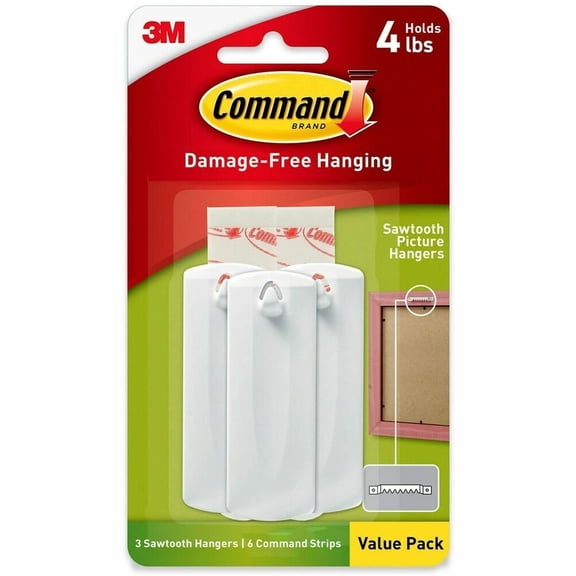 Command Sawtooth Picture Hanger, Holds 4 lbs, White, 3 Hangers, 6 Pairs Adhesive Strips