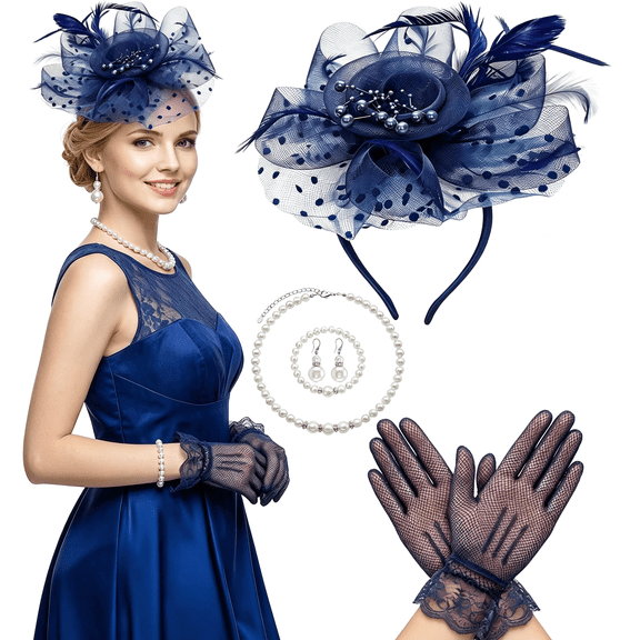 OQRKI Fascinators Hat for Women Tea Party Fascinator Headband with Gloves Tea Party Accessories for Ladies Kentucky Derby Hats for Women