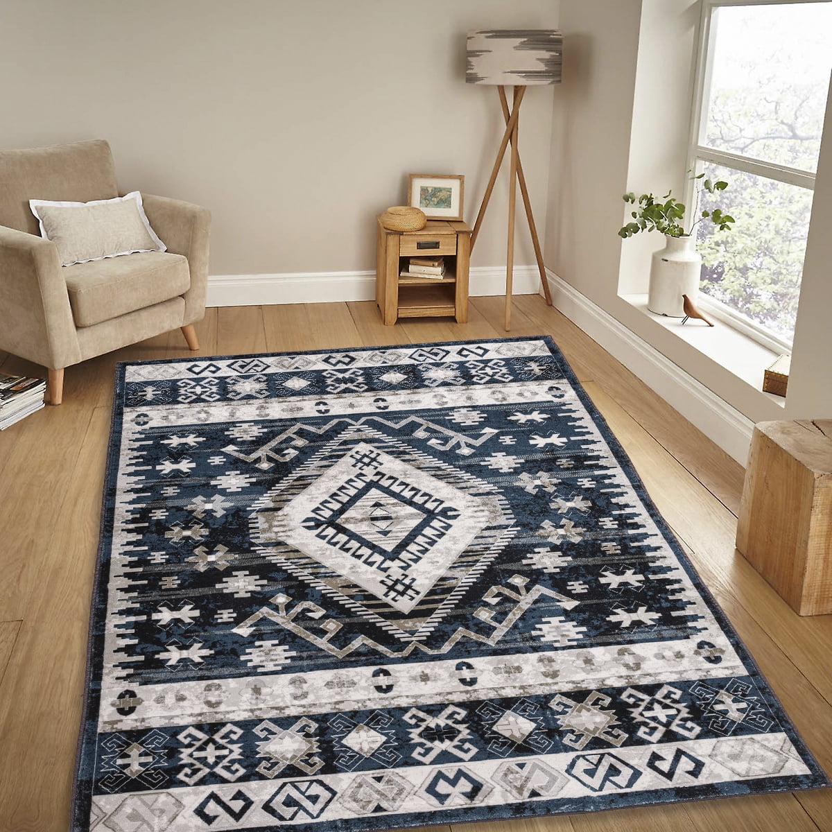 Yoneston 5' x 7' Vintage Bohemia Area Rug Machine Washable Bedroom Rug Soft Non-Slip with Printed Kitchen Mat for Living Room Playroom Dining Room Decoration, Black&Blue