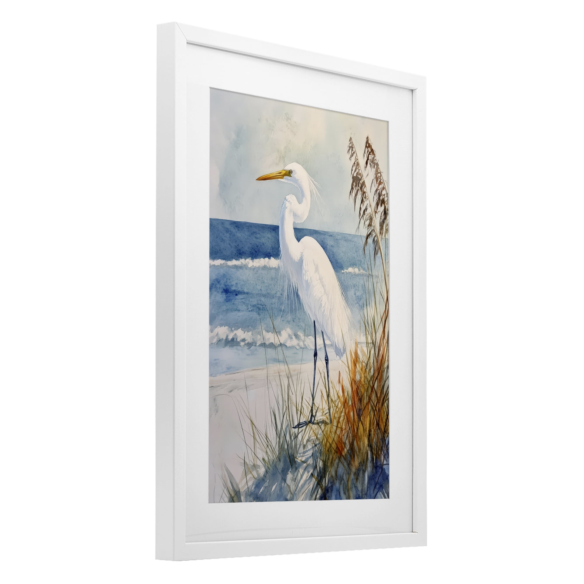 Stupell Industries Egret By The Waves White Framed Print Under Glass, design by Petal Prints Design