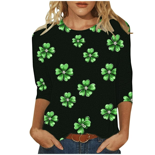 Besolor T-Shirts de la Saint-Patrick pour Femmes 2025 Graphique Trèfle Col Rond Manches 3/4 Hauts Décontractés Grande Taille T-Shirts d'Été