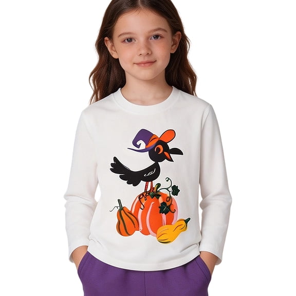 Girls Halloween Crow & Pumpkin Graphic Long Sleeve Shirt, Crew Neck Casual Fall Pullover Tops for Kids
