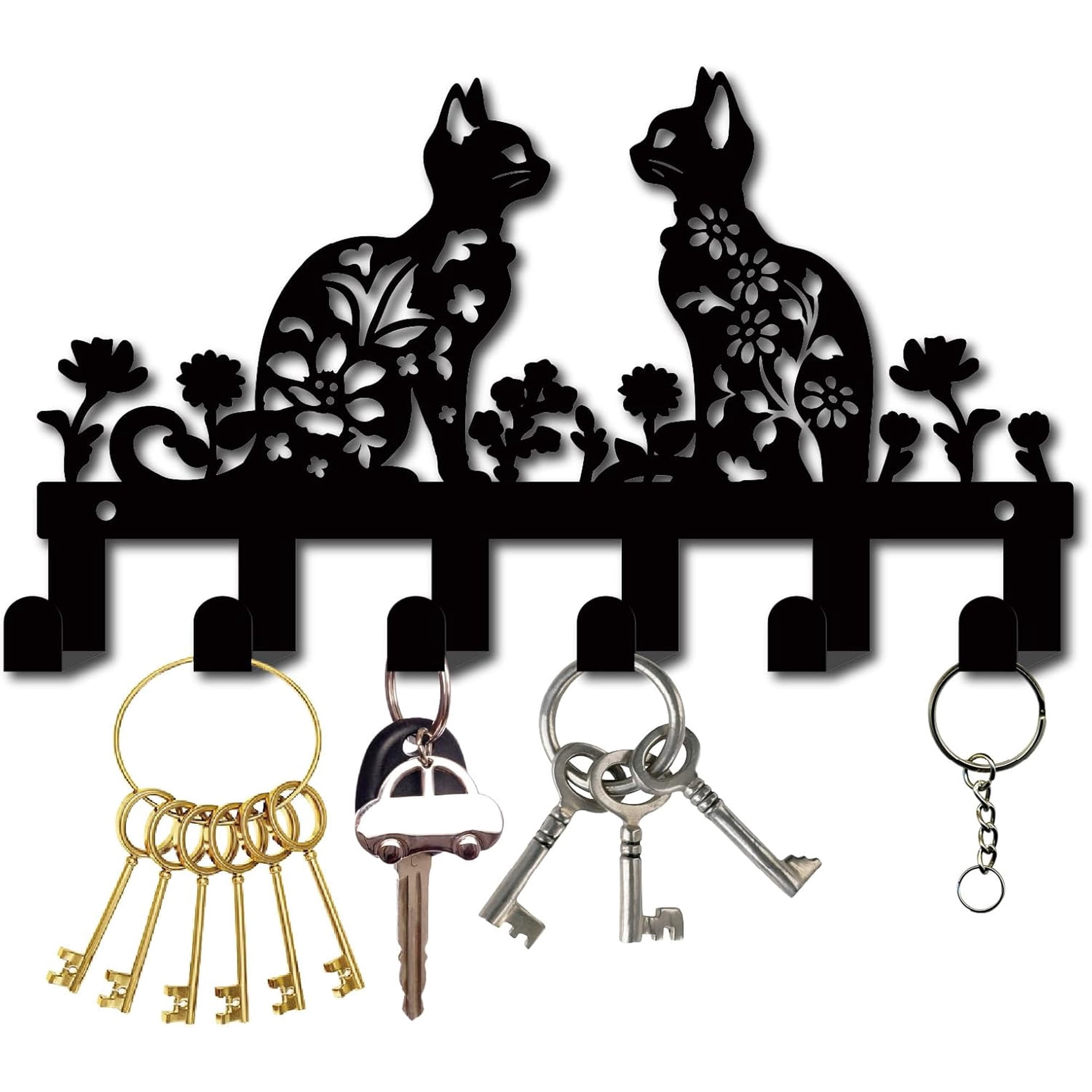 Wall Mounted Key Hanger Metal Key Holder Organizer with 6 Hooks Decorative Cat Flower Black Towel Coat Organizer Storage Rack Wall Art Decor DIY