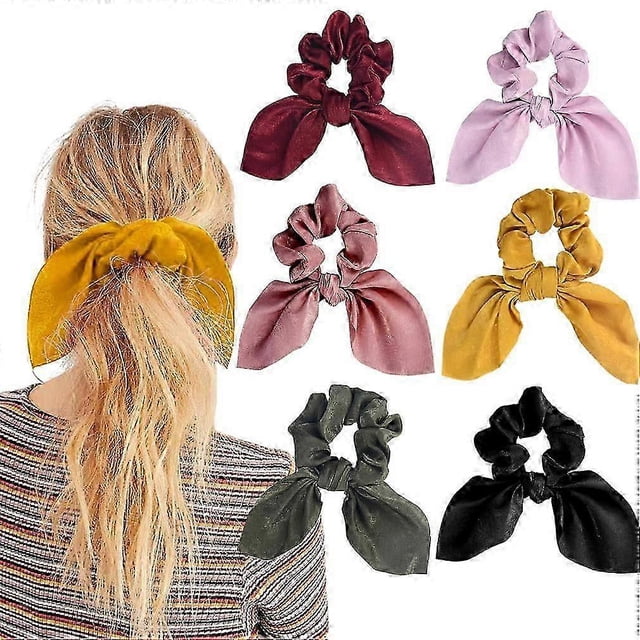 6 -Pack Hair Tie Hair Tie Rabbit Ear Design Hair Loop Chiffon Ponytail Holder Wobbles Soft Elastic Hair Bands, 6 Colors