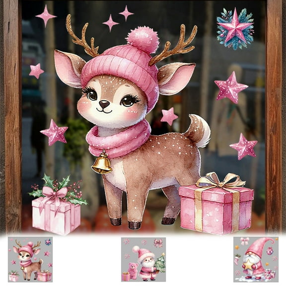 Yhmxh Christmas Window Clings Sticker, Winter Snow Santa Claus Deer Elk Stickers Decals Decor, Xmas Tree Snowflakes Reindeer Cling Sticker for Home Party Supplies Shop Window Glass Display Decor