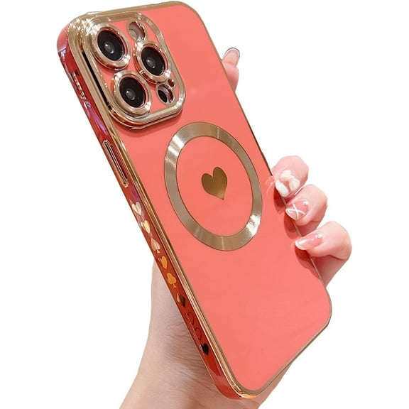 Magnetic Case for iPhone 14 Pro Max Case, Luxury Plating Cute Love Heart [ Compatible with MagSafe ] Slim Fit Shockproof for Women Men Raised Full Camera Lens Protection Phone Case - Red