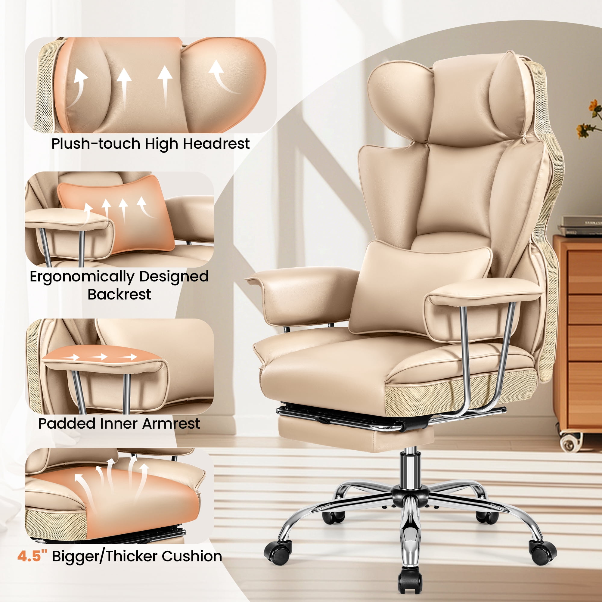 Primy High Back Office Chair, Big and Tall PU Leather Executive Chair with Footrest – Ergonomic Reclining Computer Desk Chair, High-Density Foam, Heavy Duty Swivel Rolling Chair, Khaki