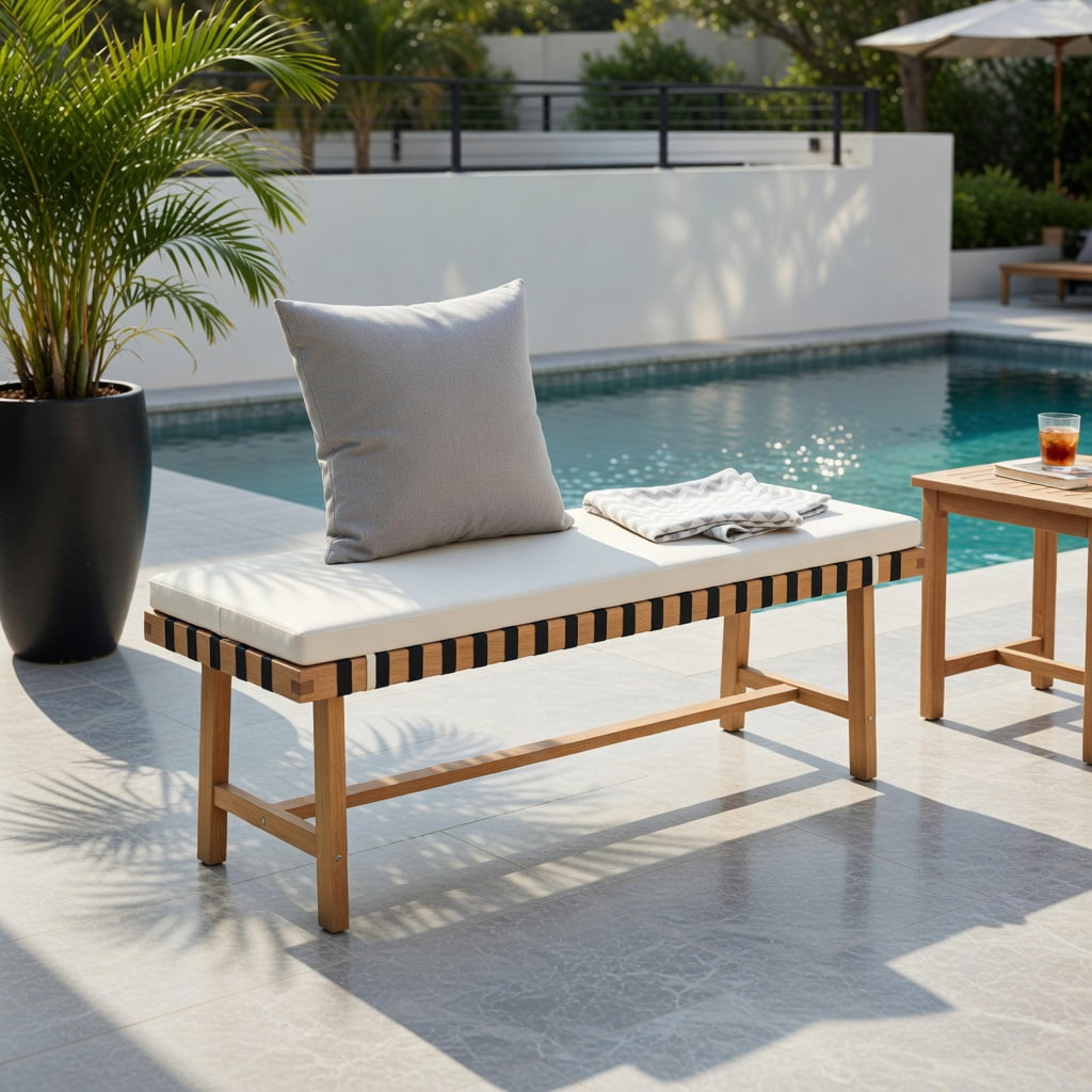 Hommoo 48" Acacia Wood Outdoor Bench with Removable Thick Cushion, Wood & Off-White Fabric, Woven Rope Seat, Heavy-Duty H-Frame, Natural