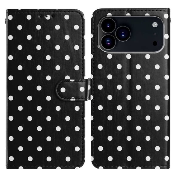 ELEHOLD Wallet Case for iPhone 17 Pro Max, Polka Dot Leather Phone Case with Card Slots and Kickstand,Magnetic Closure, Black